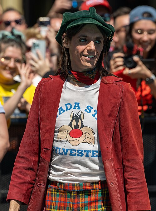 Lucio Corsi, representing Italy, on the Turquoise Carpet at Eurovision 2025 in Basel, Switzerland.