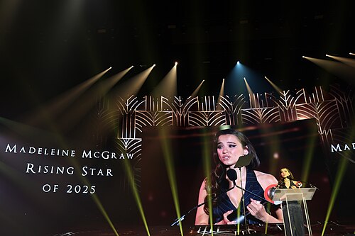 Madeleine McGraw at CinemaCon 2025 winning Rising Star award of 2025