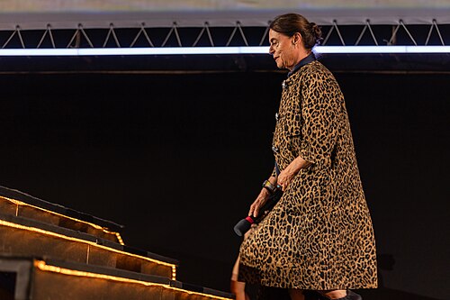 Maja Hoffmann speaks on stage before the "Le Pays d'Arto" screening at the 78th Locarno Film Festival on August 06, 2025 in Locarno, Switzerland.