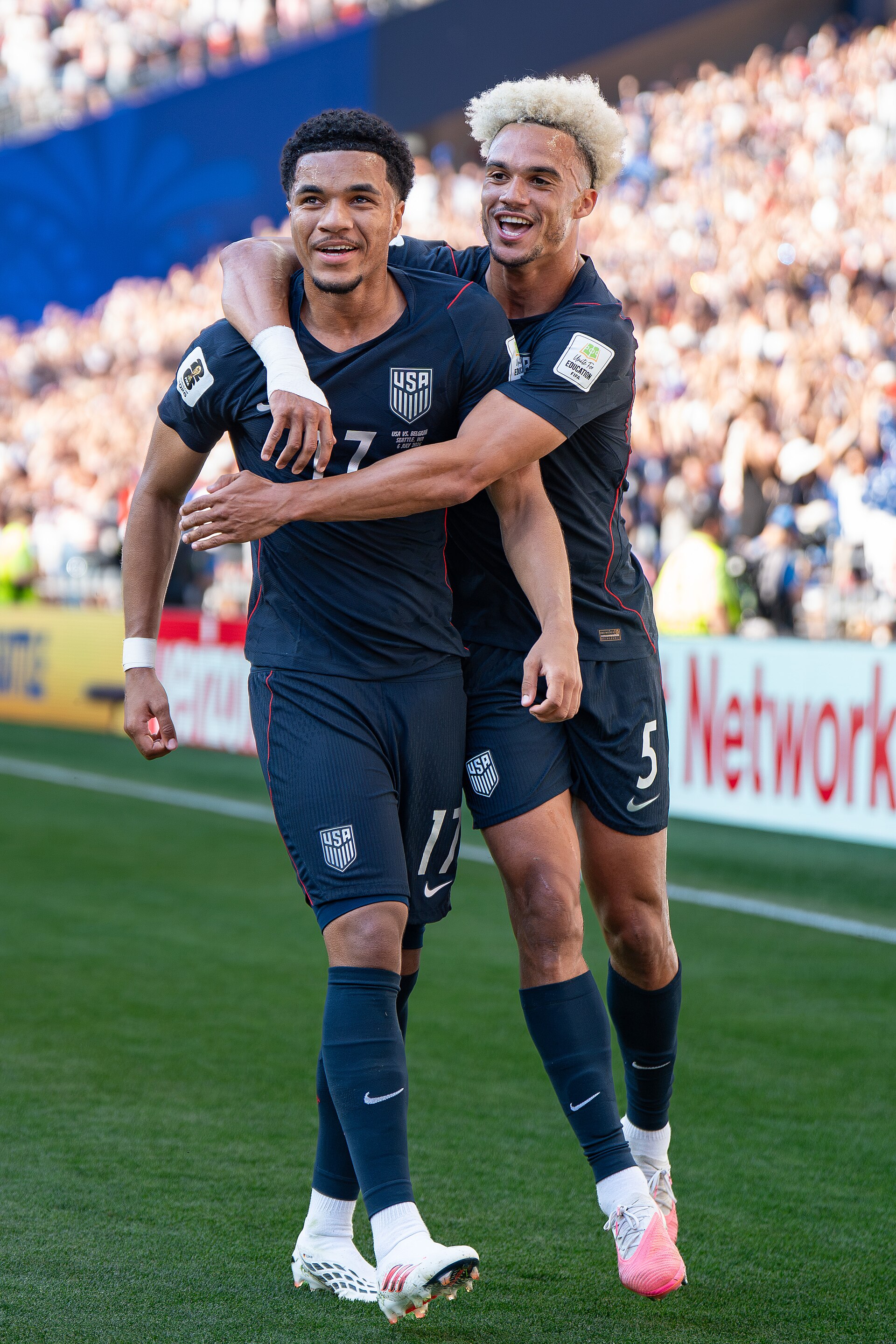 Malik Tillman Antonee Robinson during Belgium v United States at the 2026 FIFA World Cup