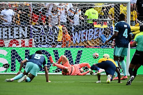 EAST RUTHERFORD, UNITED STATES - June 25: Goalkeeper Manuel Neuer #1 of Germany misses a ball  during the FIFA World Cup 2026 Group E match between Ecuador  and  Germany on June 25, 2026 MetLife Stadium, East Rutherford, New Jersey