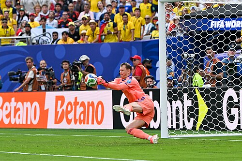 EAST RUTHERFORD, UNITED STATES - June 25: Goalkeeper Manuel Neuer #1 of Germany makes save during the FIFA World Cup 2026 Group E match between Ecuador  and  Germany on June 25, 2026 MetLife Stadium, East Rutherford, New Jersey
