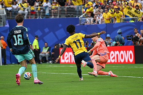 EAST RUTHERFORD, UNITED STATES - June 25: Angelo Preciado #17 of Ecuador is in action against Goalkeeper Manuel Neuer #1 of Germany during the FIFA World Cup 2026 Group E match between Ecuador  and  Germany on June 25, 2026 MetLife Stadium, East Rutherford, New Jersey