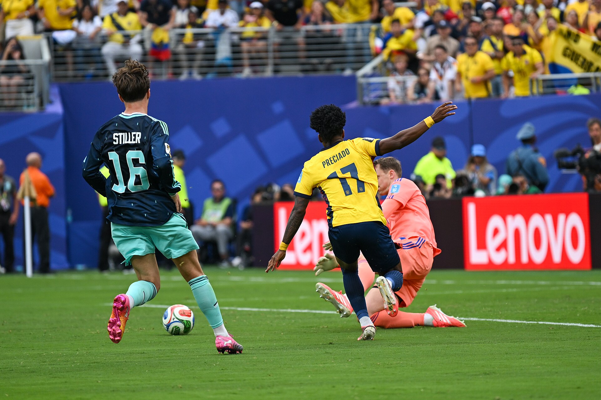 EAST RUTHERFORD, UNITED STATES - June 25: Angelo Preciado #17 of Ecuador is in action against Goalkeeper Manuel Neuer #1 of Germany during the FIFA World Cup 2026 Group E match between Ecuador  and  Germany on June 25, 2026 MetLife Stadium, East Rutherford, New Jersey