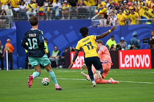 EAST RUTHERFORD, UNITED STATES - June 25: Angelo Preciado #17 of Ecuador is in action against Goalkeeper Manuel Neuer #1 of Germany during the FIFA World Cup 2026 Group E match between Ecuador  and  Germany on June 25, 2026 MetLife Stadium, East Rutherford, New Jersey