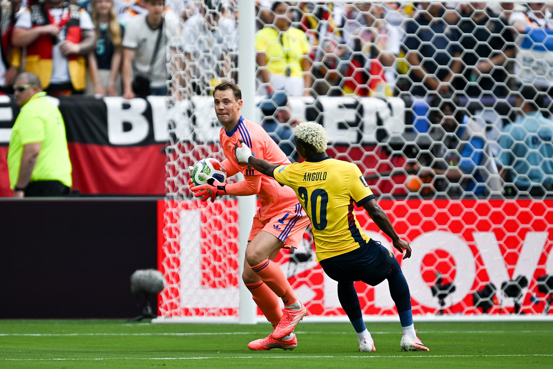 EAST RUTHERFORD, UNITED STATES - June 25: Goalkeeper Manuel Neuer #1 of Germany is in action against Nilson Angulo #20 of Ecuador during the FIFA World Cup 2026 Group E match between Ecuador  and  Germany on June 25, 2026 MetLife Stadium, East Rutherford, New Jersey