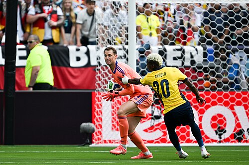 EAST RUTHERFORD, UNITED STATES - June 25: Goalkeeper Manuel Neuer #1 of Germany is in action against Nilson Angulo #20 of Ecuador during the FIFA World Cup 2026 Group E match between Ecuador  and  Germany on June 25, 2026 MetLife Stadium, East Rutherford, New Jersey