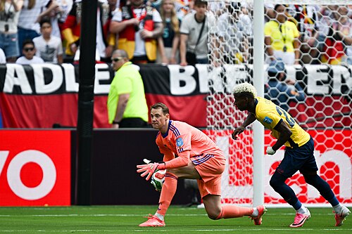 EAST RUTHERFORD, UNITED STATES - June 25: Goalkeeper Manuel Neuer #1 of Germany is in action against Nilson Angulo #20 of Ecuador during the FIFA World Cup 2026 Group E match between Ecuador  and  Germany on June 25, 2026 MetLife Stadium, East Rutherford, New Jersey