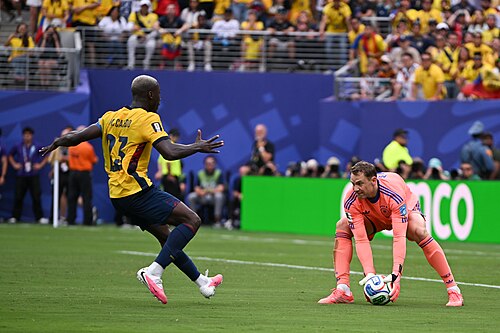 EAST RUTHERFORD, UNITED STATES - June 25: Moises Caicedo #23 of Ecuador is in action against Goalkeeper Manuel Neuer #1 during the FIFA World Cup 2026 Group E match between Ecuador  and  Germany on June 25, 2026 MetLife Stadium, East Rutherford, New Jersey