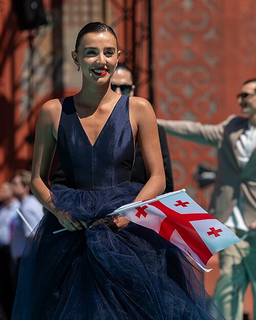 Mariam Shengelia, representing Georgia, on the Turquoise Carpet at Eurovision 2025 in Basel, Switzerland.