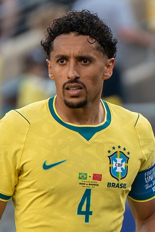 Marquinhos during Brazil v Morocco on 13 June 2026 at the 2026 FIFA World Cup at NY/NJ Stadium in East Rutherford, NJ