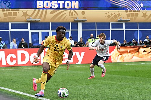FOXBOROUGH, UNITED STATES - June 23: Marvin Senaya #26 of Ghana in action during the FIFA World Cup 2026 Group L match between England and Ghana on June 23, 2026 Boston Stadium , Foxborough, Massachusetts