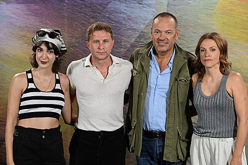 Maryam Ghasemnejad, Max Hubacher, Jean-Stéphane Bron and Veerle Baetensat the photocall for The Deal, Locarno Film Festival, Switzerland, 11 August 2025