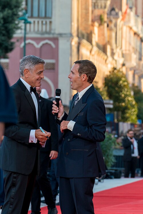 Mattia Carzaniga interviews George Clooney at the International Film Festival at Sala Grande on September 02, 2026 in Venice, Italy
