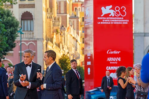 Mattia Carzaniga interviews George Clooney at the International Film Festival at Sala Grande on September 02, 2026 in Venice, Italy
