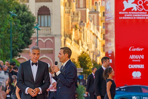 Mattia Carzaniga interviews George Clooney at the International Film Festival at Sala Grande on September 02, 2026 in Venice, Italy