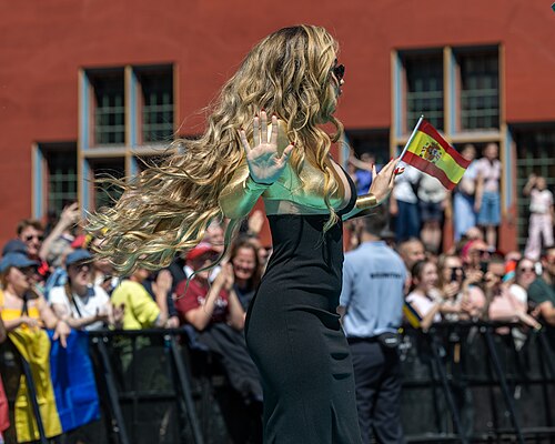 Melody, representing Spain, on the Turquoise Carpet at Eurovision 2025 in Basel, Switzerland.