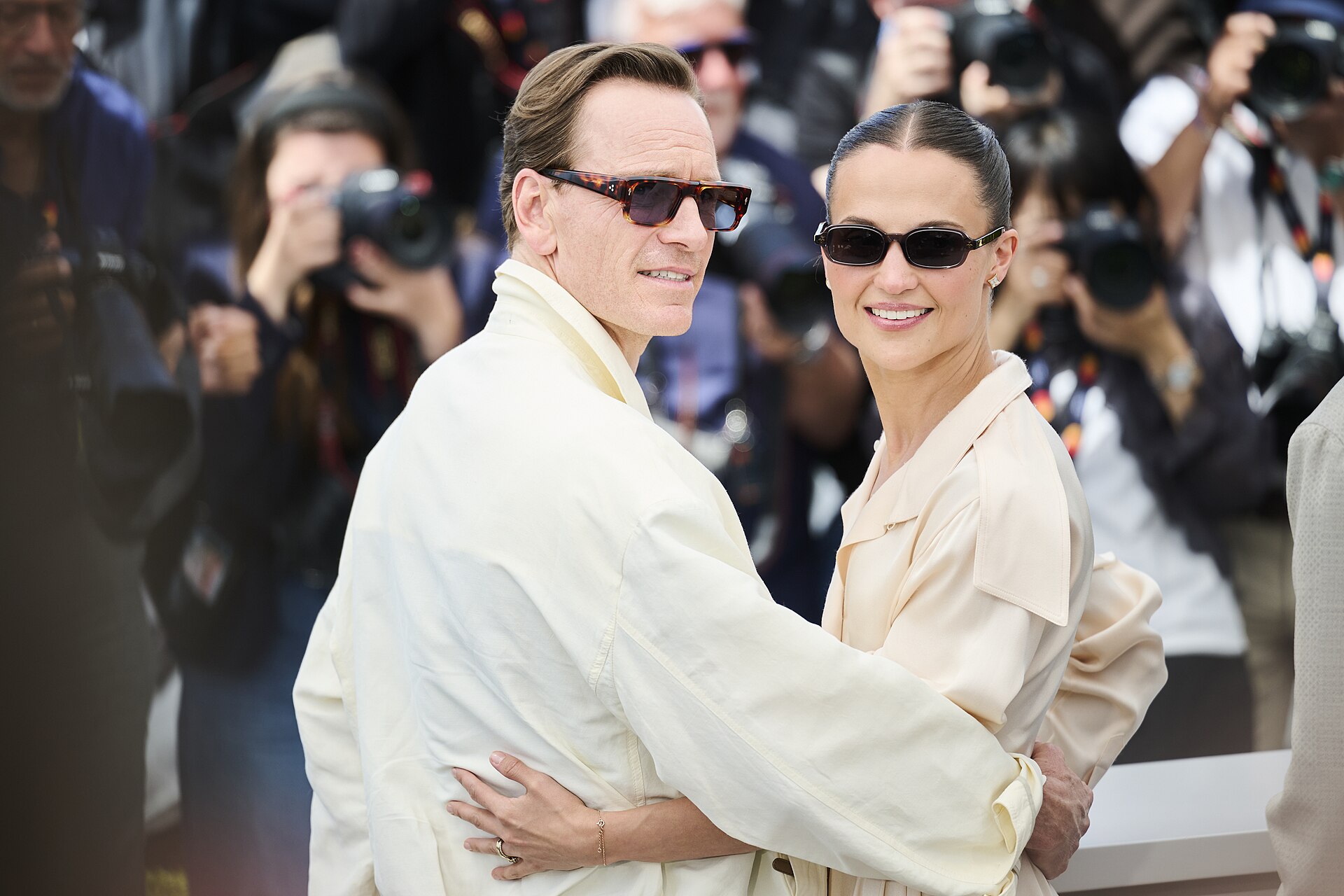 Alicia Vikander and Michael Fassbender pose during the "Hope" photocall at the 79th annual Cannes Film Festival at Palais des Festivals on May 18, 2026