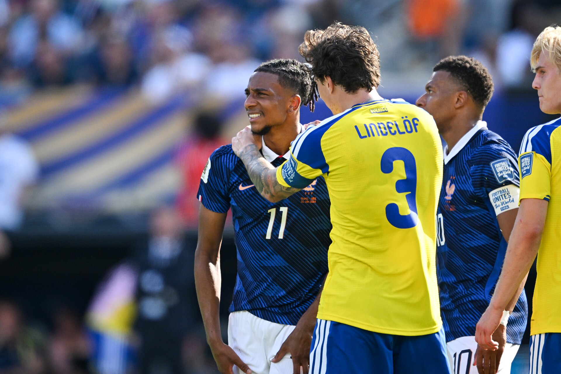 EAST RUTHERFORD, UNITED STATES - June 30: Michael Olise #11 of France, Victor Lindelof #3 of Sweden during the FIFA World Cup 2026 round of 32 match between France  and Sweden on June 30, 2026 MetLife Stadium, East Rutherford, New Jersey