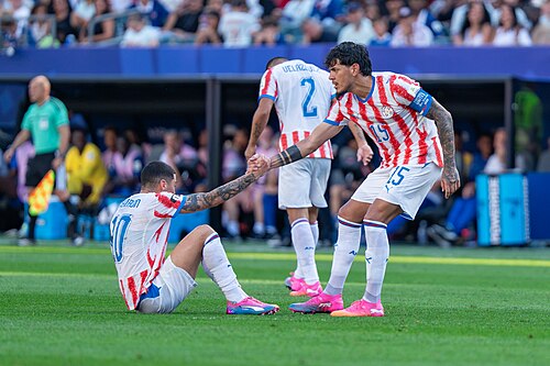 Miguel Almiron Gustavo Gomez during France v Paraguay at the 2026 FIFA World Cup