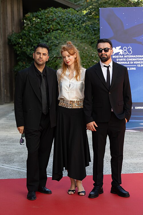 Milad Khosravi, Odessa Rae, Mohsen Gharaei, , at 82nd Venice International Film Festival in Venice, Italy for the film Moragheb (Falling House.