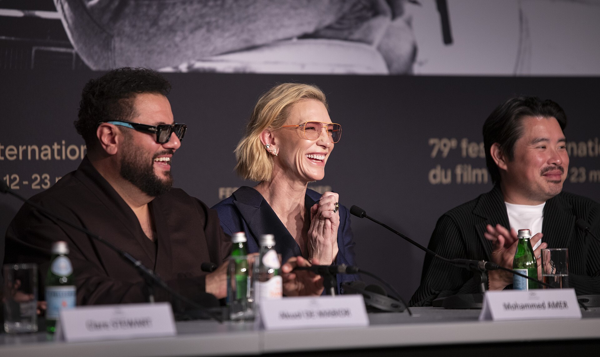 Mohammed Amer, Cate Blanchett, Bao Nguyen at the Displacement Film Fund press conference at 2026 Cannes Film Festival.