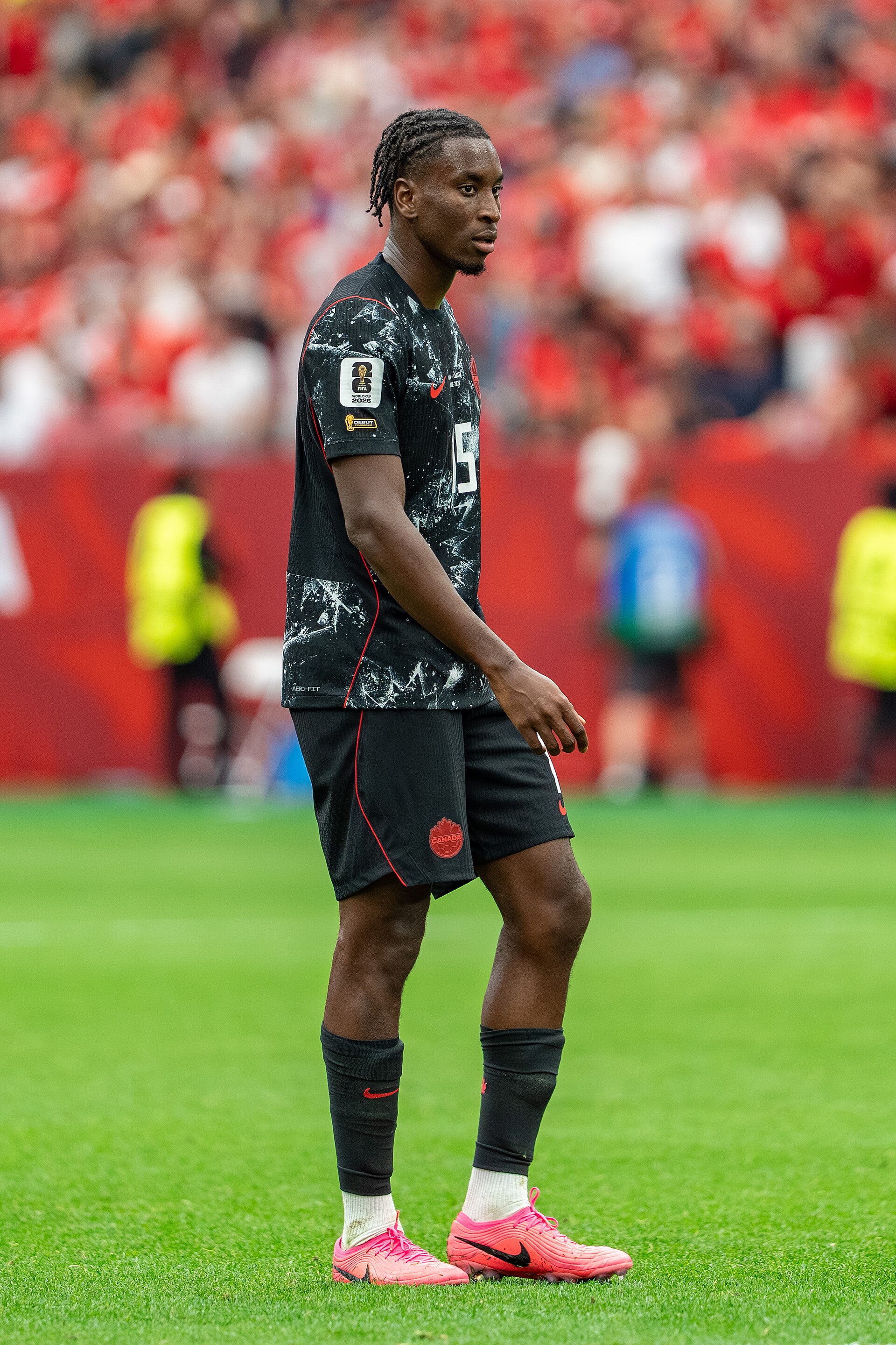 Moise Bombito during Canada v Qatar on 18 June 2026 at the 2026 FIFA World Cup