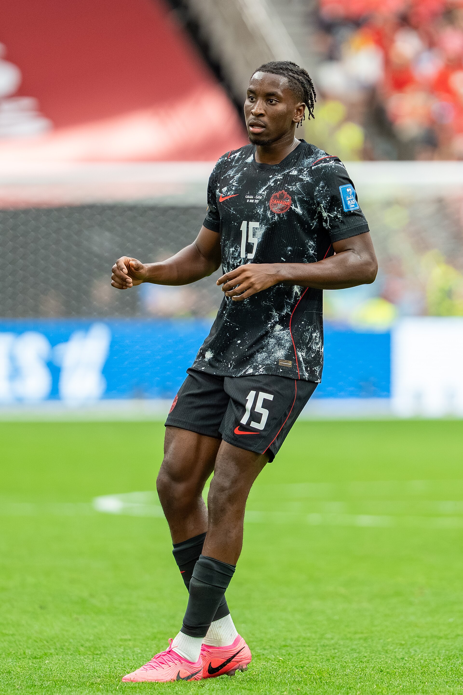 Moise Bombito during Canada v Qatar on 18 June 2026 at the 2026 FIFA World Cup