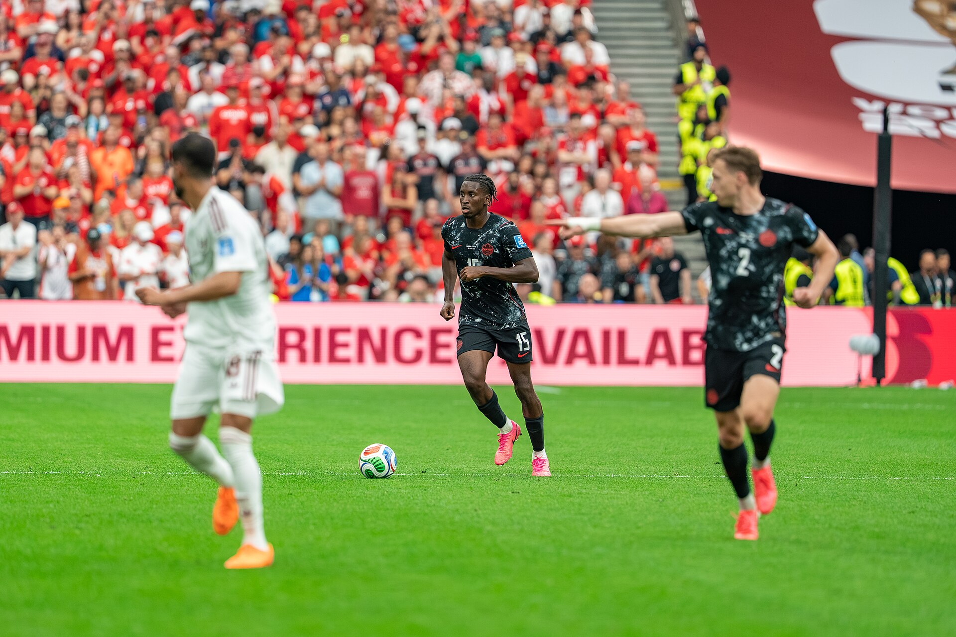 Moise Bombito during Canada v Qatar on 18 June 2026 at the 2026 FIFA World Cup
