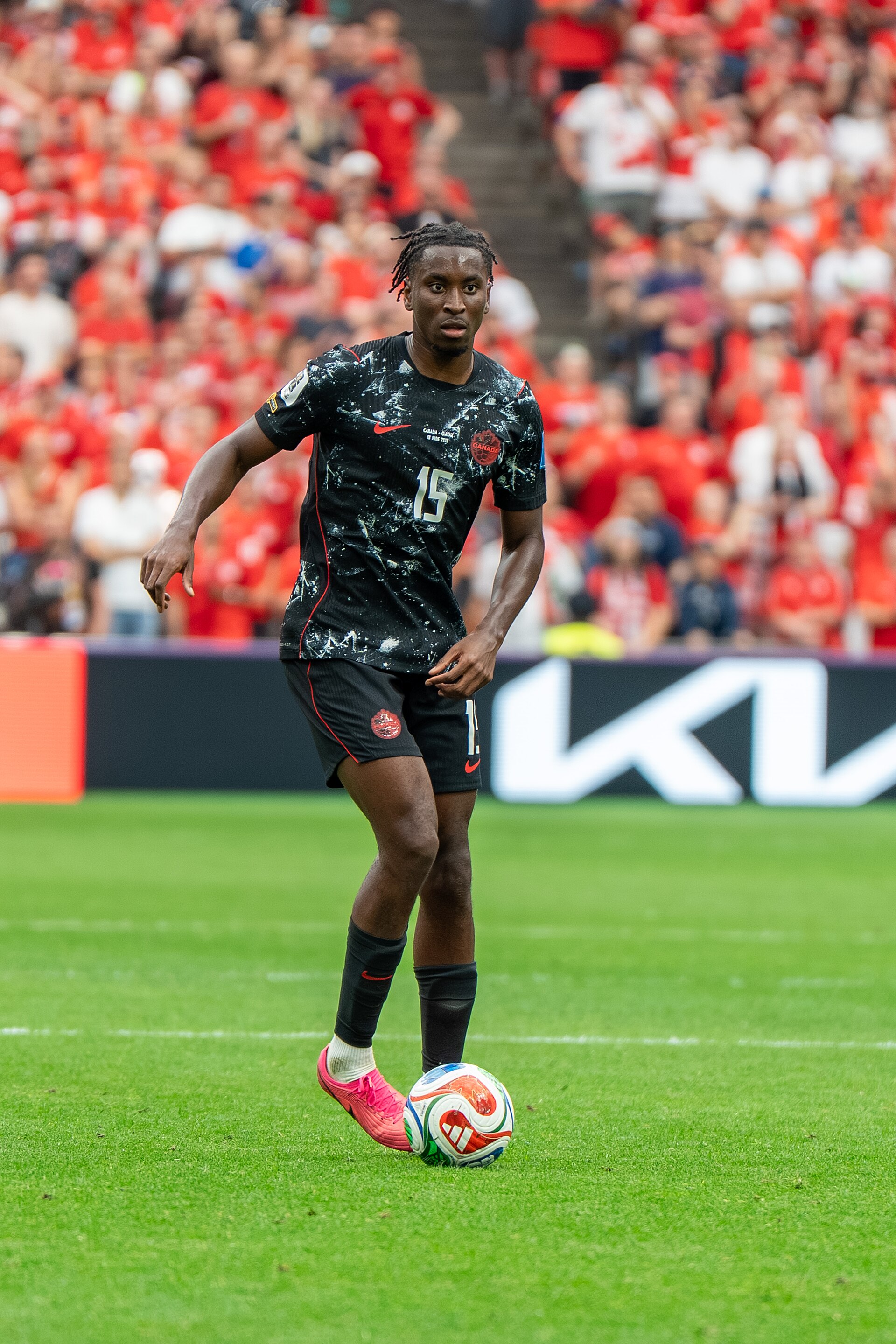 Moise Bombito during Canada v Qatar on 18 June 2026 at the 2026 FIFA World Cup
