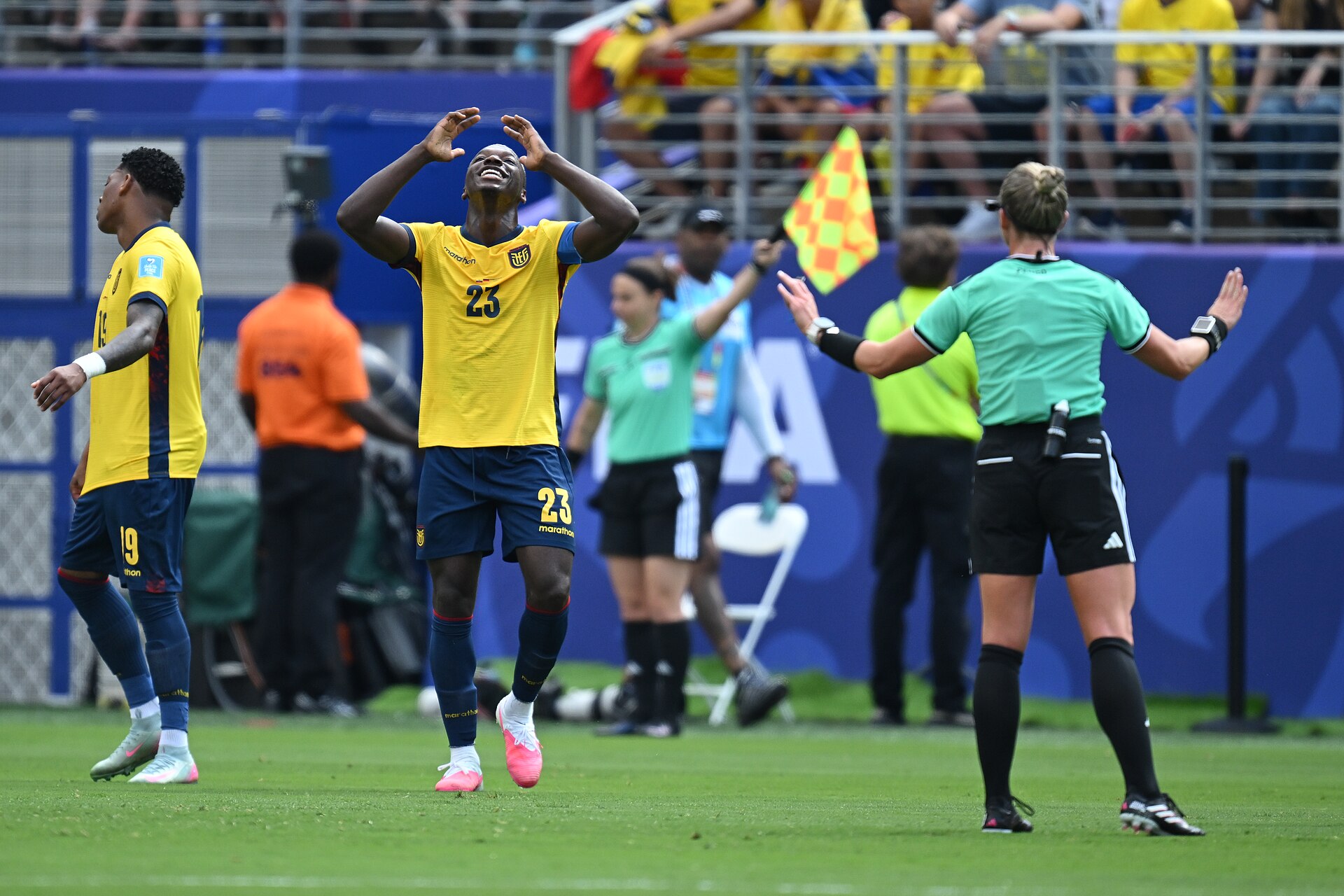 EAST RUTHERFORD, UNITED STATES - June 25: Moises Caicedo #23 reacts during the FIFA World Cup 2026 Group E match between Ecuador  and  Germany on June 25, 2026 MetLife Stadium, East Rutherford, New Jersey