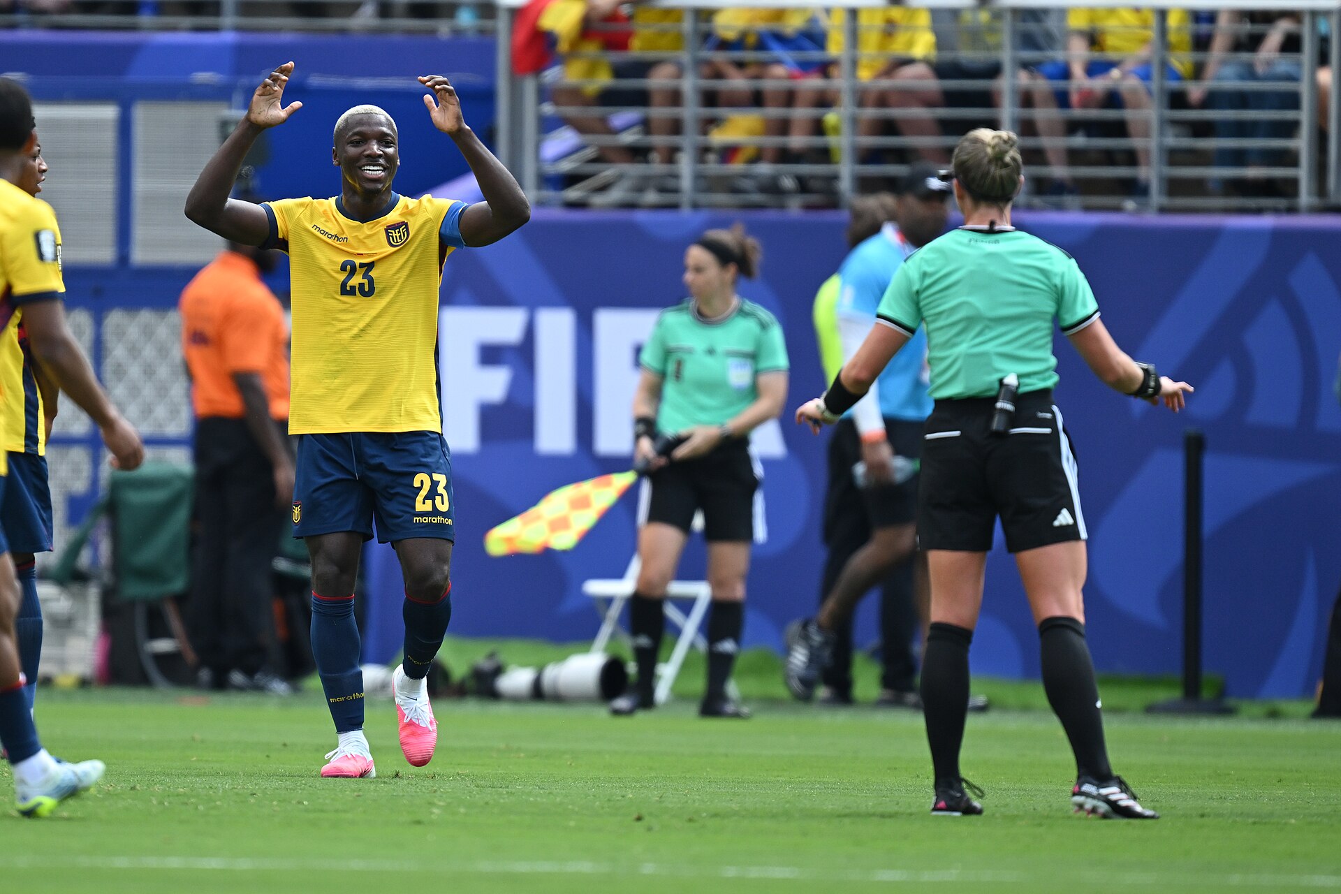 EAST RUTHERFORD, UNITED STATES - June 25: Moises Caicedo #23 reacts during the FIFA World Cup 2026 Group E match between Ecuador  and  Germany on June 25, 2026 MetLife Stadium, East Rutherford, New Jersey