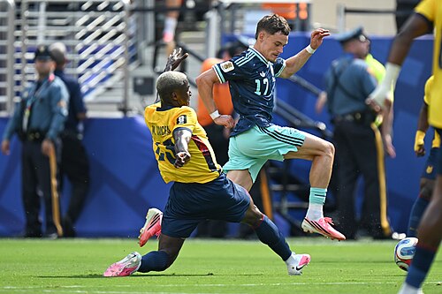 EAST RUTHERFORD, UNITED STATES - June 25: Moises Caicedo #23 of Ecuador is in action against Florian Wirtz #17 of Germany during the FIFA World Cup 2026 Group E match between Ecuador  and  Germany on June 25, 2026 MetLife Stadium, East Rutherford, New Jersey