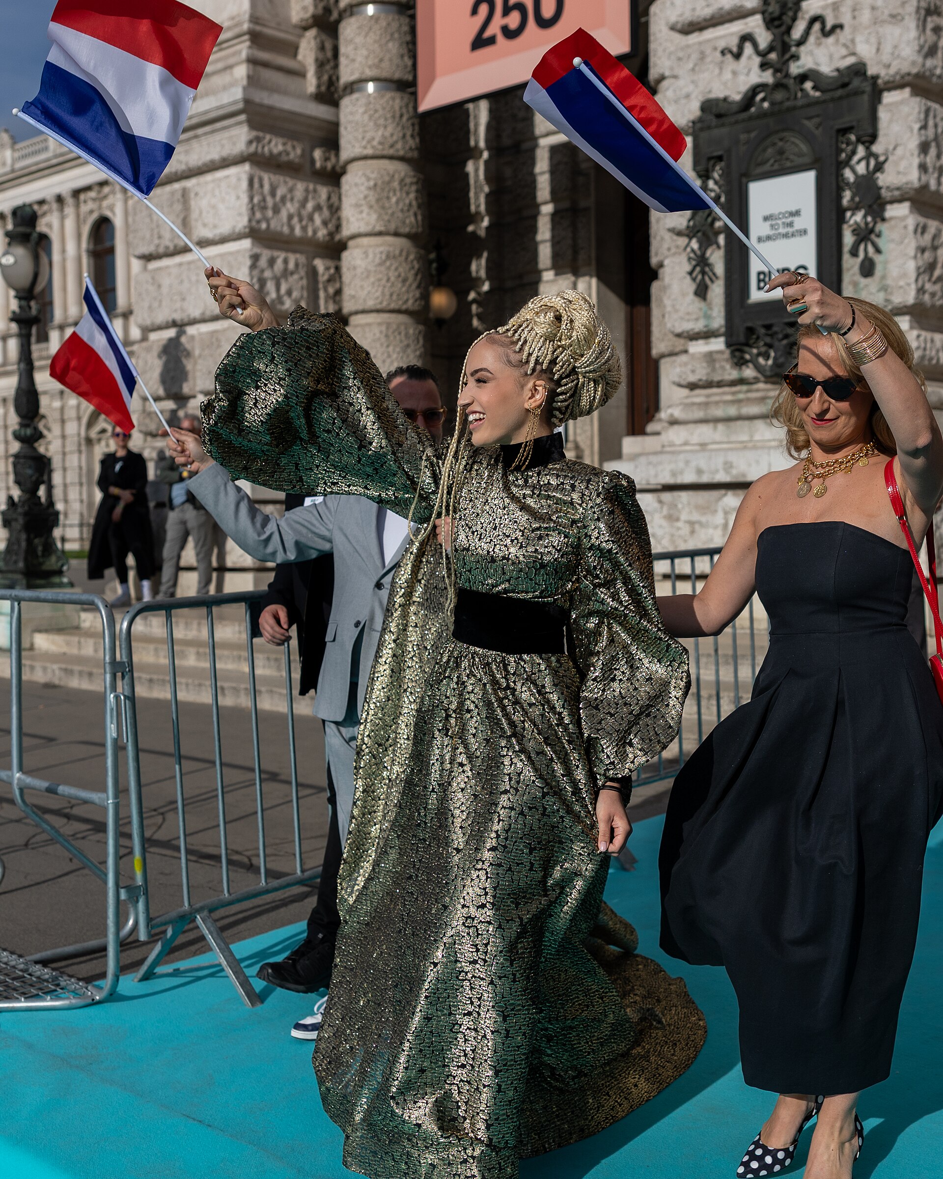 Monroe representing France on the Turquoise Carpet at the 2026 Eurovision Song Contest in Vienna