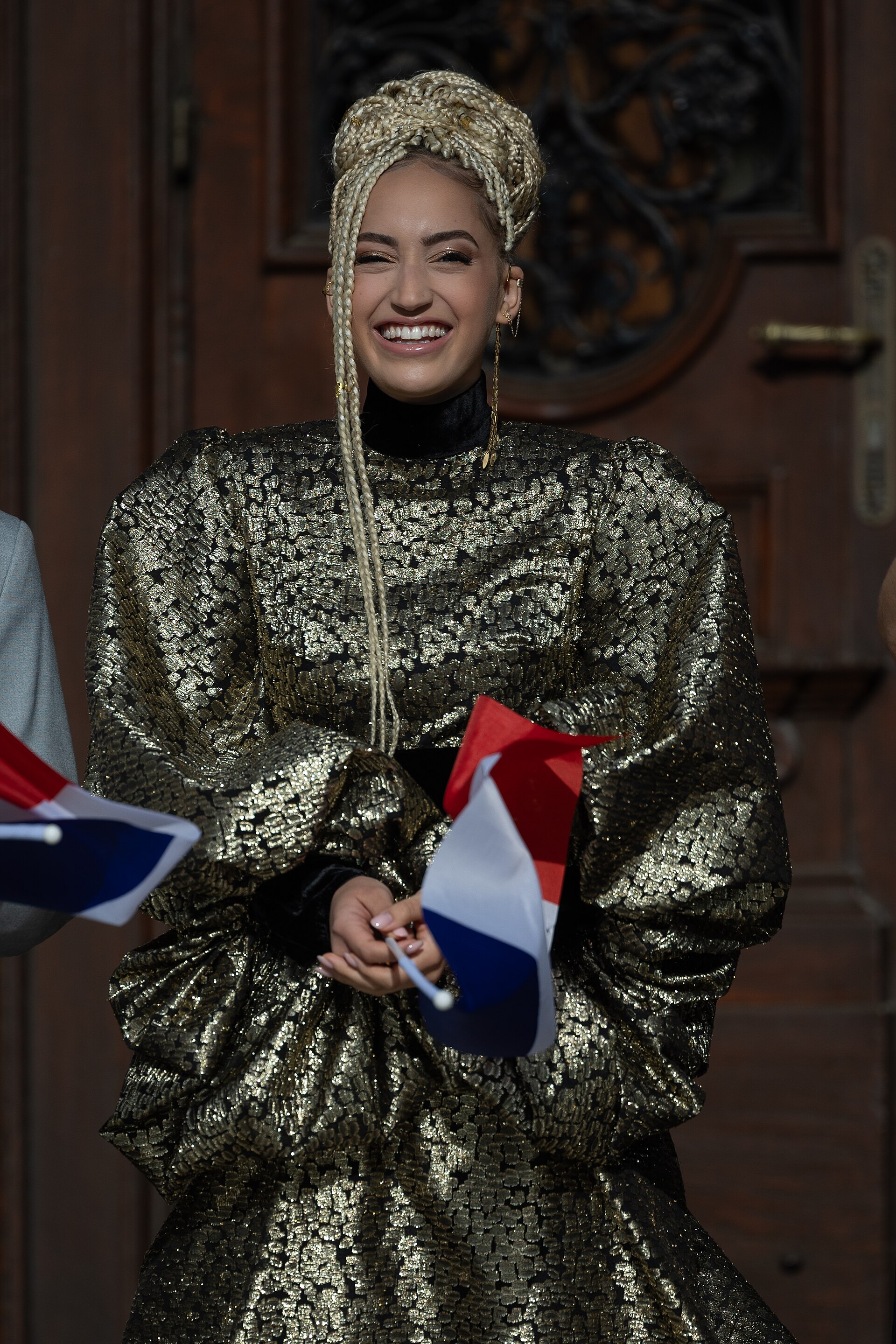 Monroe representing France on the Turquoise Carpet at the 2026 Eurovision Song Contest in Vienna