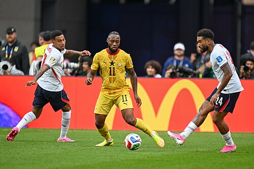 FOXBOROUGH, UNITED STATES-June 23: Antoine Semenyo #11 of Ghana (C), and Bukayo Saka #7 (L) Reece James #24 of England in action during the FIFA World Cup 2026 Group L match between England and Ghana on June 23, 2026 Boston Stadium, Foxborough, MA
