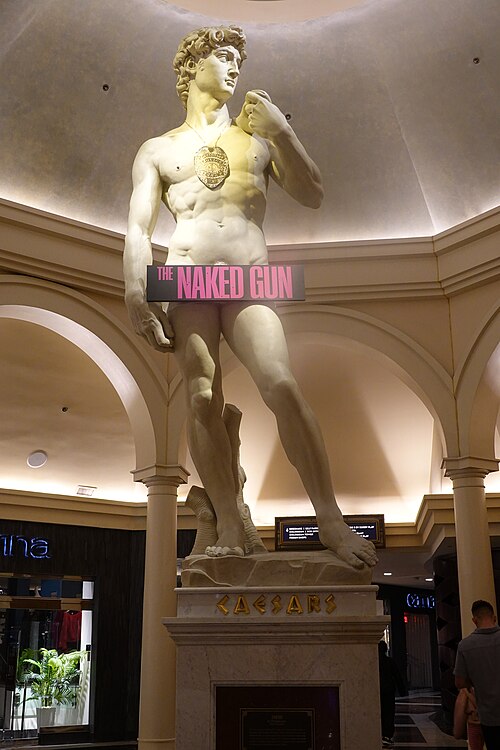 David statue decorated for The Naked Gun movie at Caesar's Palance CinemaCon 2025