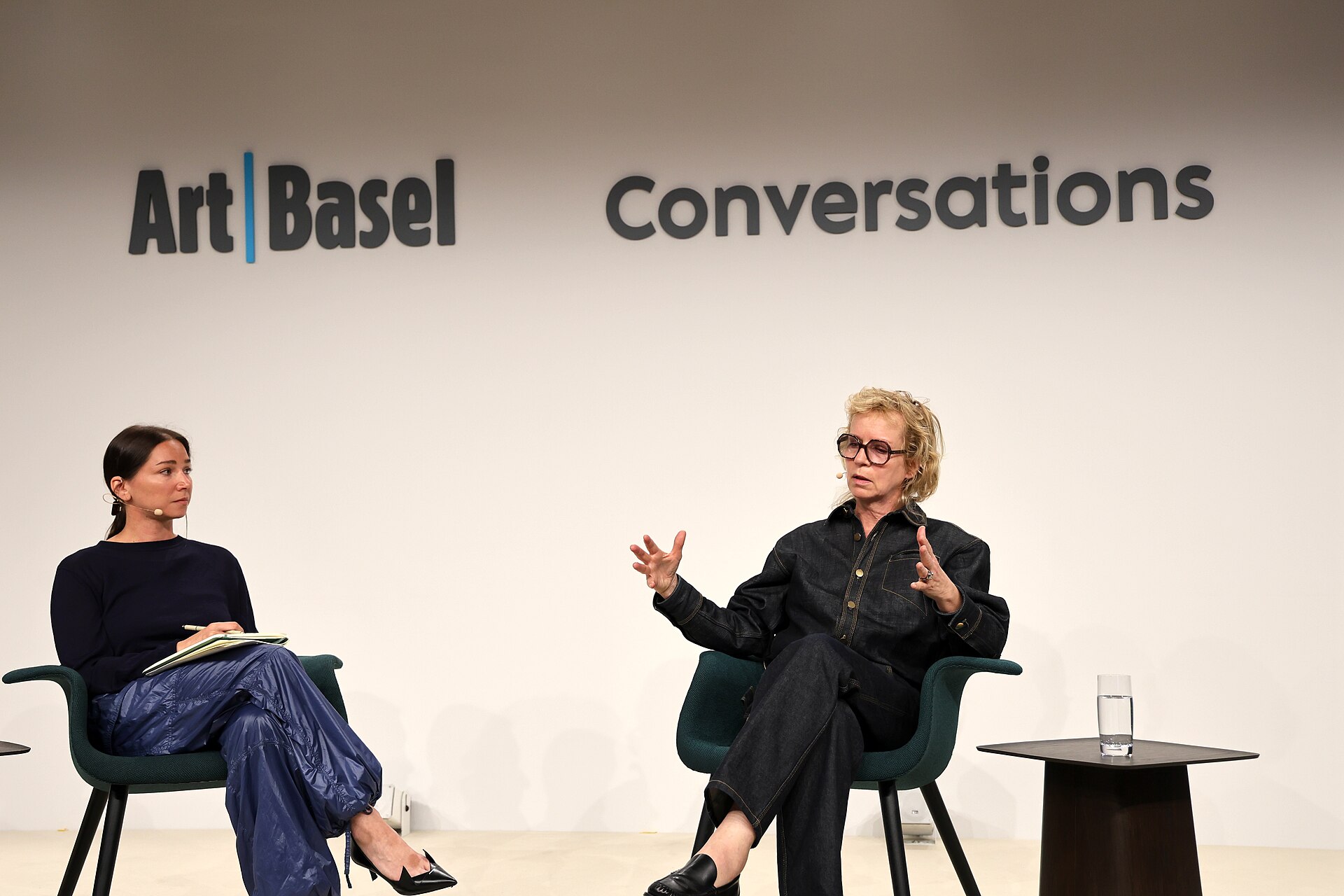 Curator Natalia Grabowska and artist Katharina Grosse on a panel at the Art Basel international art fair in Basel, Switzerland in June 2025.