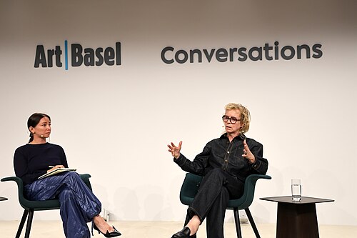Curator Natalia Grabowska and artist Katharina Grosse on a panel at the Art Basel international art fair in Basel, Switzerland in June 2025.