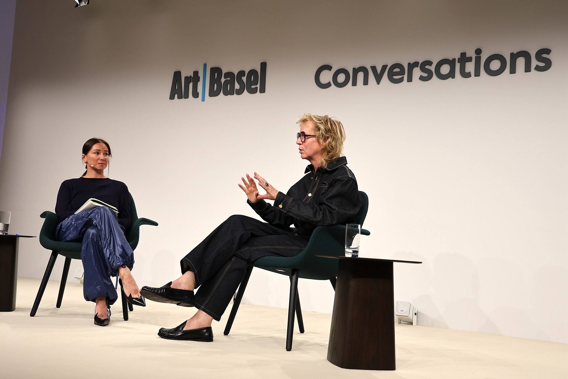 Curator Natalia Grabowska and artist Katharina Grosse on a panel at the Art Basel international art fair in Basel, Switzerland in June 2025.