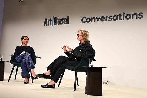 Curator Natalia Grabowska and artist Katharina Grosse on a panel at the Art Basel international art fair in Basel, Switzerland in June 2025.