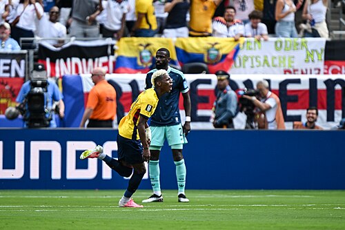 EAST RUTHERFORD, UNITED STATES - June 25: Nilson Angulo #20 of Ecuador reacts after scoring during the FIFA World Cup 2026 Group E match between Ecuador  and  Germany on June 25, 2026 MetLife Stadium, East Rutherford, New Jersey