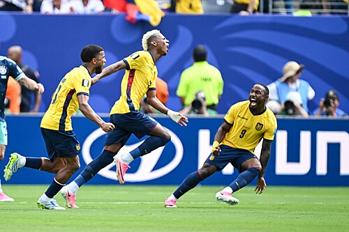 EAST RUTHERFORD, UNITED STATES - June 25: Nilson Angulo #20 of Ecuador and team mates react after scoring during the FIFA World Cup 2026 Group E match between Ecuador  and  Germany on June 25, 2026 MetLife Stadium, East Rutherford, New Jersey