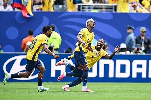 EAST RUTHERFORD, UNITED STATES - June 25: Nilson Angulo #20 of Ecuador and team mates react after scoring during the FIFA World Cup 2026 Group E match between Ecuador  and  Germany on June 25, 2026 MetLife Stadium, East Rutherford, New Jersey