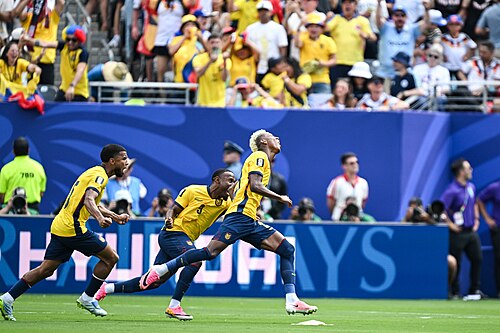 EAST RUTHERFORD, UNITED STATES - June 25: Nilson Angulo #20 of Ecuador and team mates react after scoring during the FIFA World Cup 2026 Group E match between Ecuador  and  Germany on June 25, 2026 MetLife Stadium, East Rutherford, New Jersey