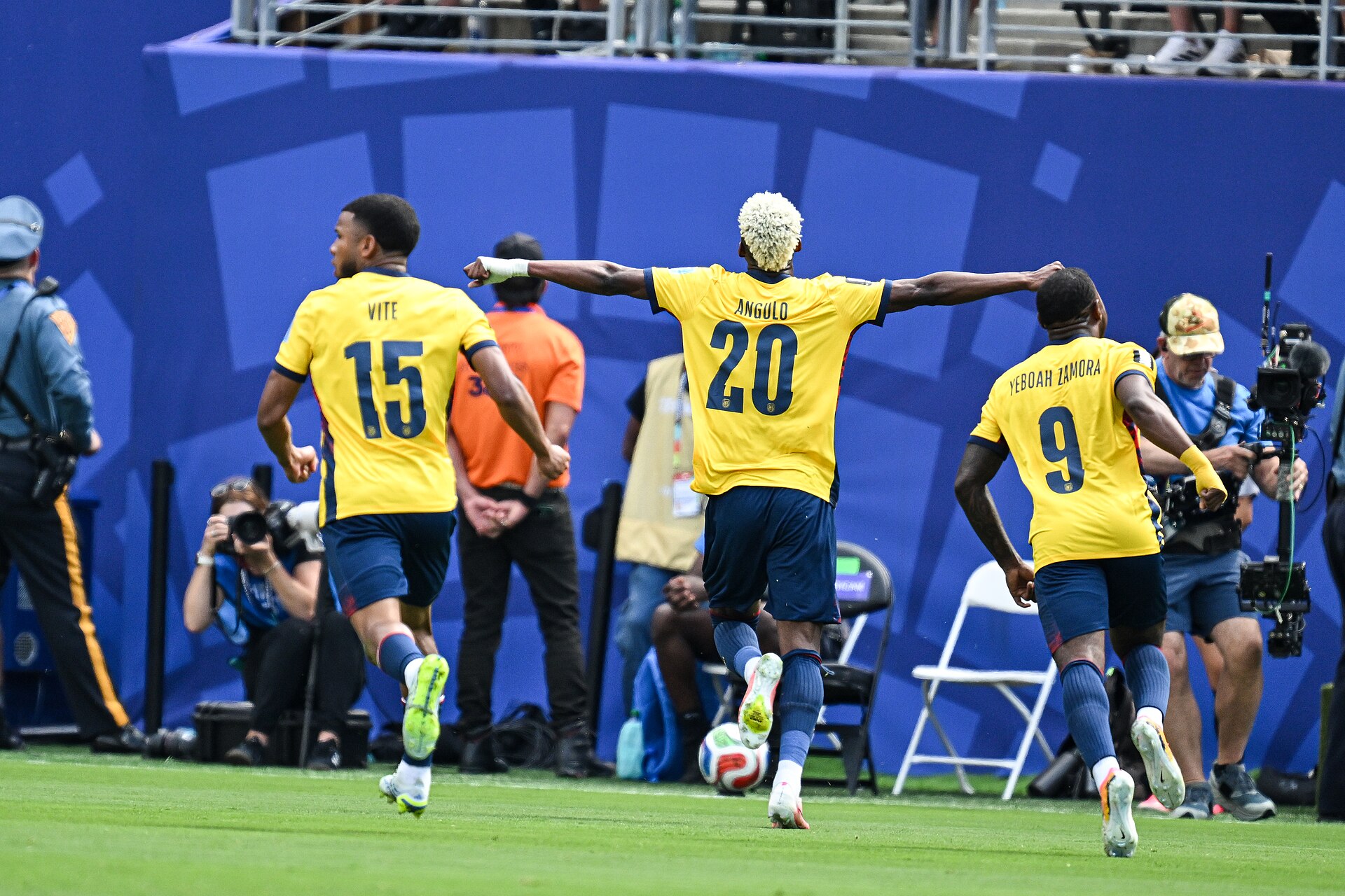 EAST RUTHERFORD, UNITED STATES - June 25: Nilson Angulo #20 of Ecuador and team mates react after scoring during the FIFA World Cup 2026 Group E match between Ecuador  and  Germany on June 25, 2026 MetLife Stadium, East Rutherford, New Jersey