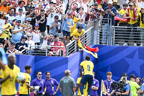 EAST RUTHERFORD, UNITED STATES - June 25: Nilson Angulo #20 of Ecuador and team mates react after scoring during the FIFA World Cup 2026 Group E match between Ecuador  and  Germany on June 25, 2026 MetLife Stadium, East Rutherford, New Jersey