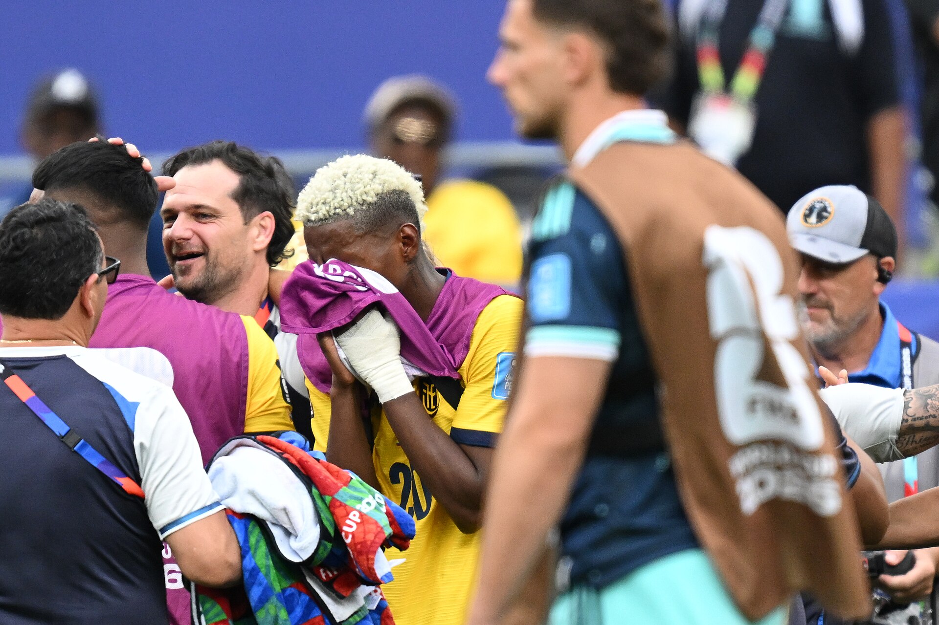 EAST RUTHERFORD, UNITED STATES - June 25: Nilson Angulo #20 of Ecuador reacts with tears after winning the FIFA World Cup 2026 Group E match between Ecuador  and  Germany on June 25, 2026 MetLife Stadium, East Rutherford, New Jersey