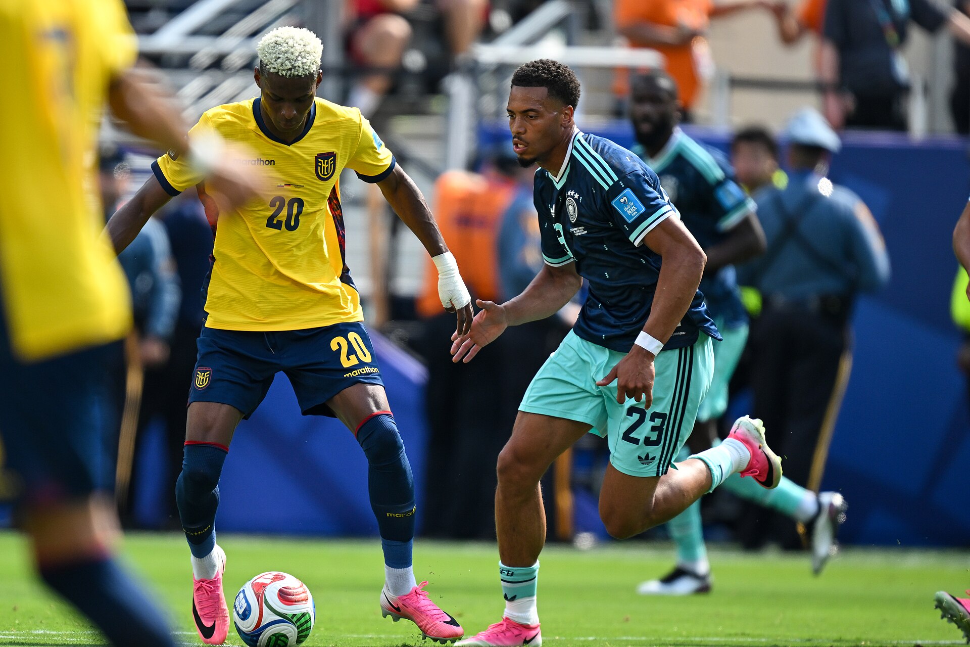 EAST RUTHERFORD, UNITED STATES - June 25: Nilson Angulo #20 of Ecuador battles for possession with Felix Nmecha #23 of Germany during the FIFA World Cup 2026 Group E match between Ecuador  and  Germany on June 25, 2026 MetLife Stadium, East Rutherford, New Jersey