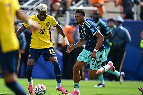 EAST RUTHERFORD, UNITED STATES - June 25: Nilson Angulo #20 of Ecuador battles for possession with Felix Nmecha #23 of Germany during the FIFA World Cup 2026 Group E match between Ecuador  and  Germany on June 25, 2026 MetLife Stadium, East Rutherford, New Jersey
